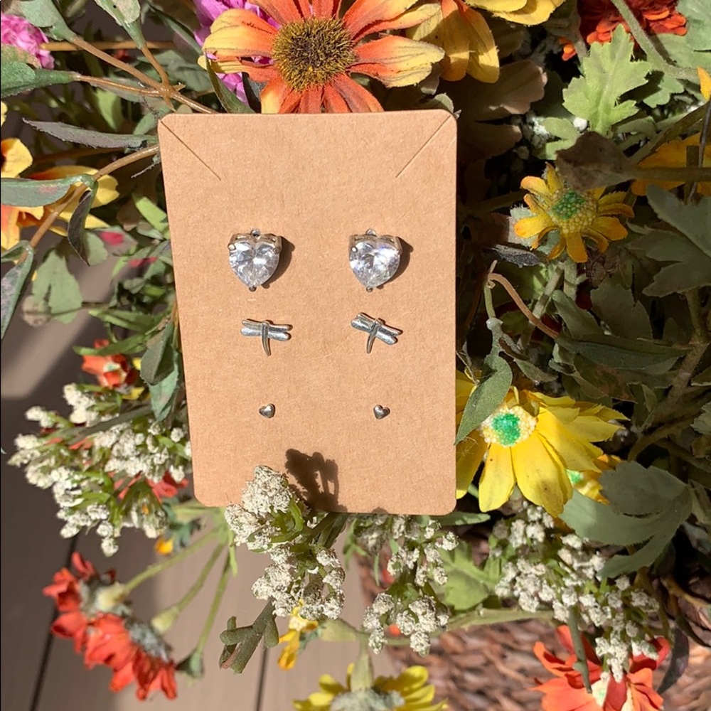 Crystal Heart & Dragonfly Earring Trio - Silver Tone - Not Original Holder